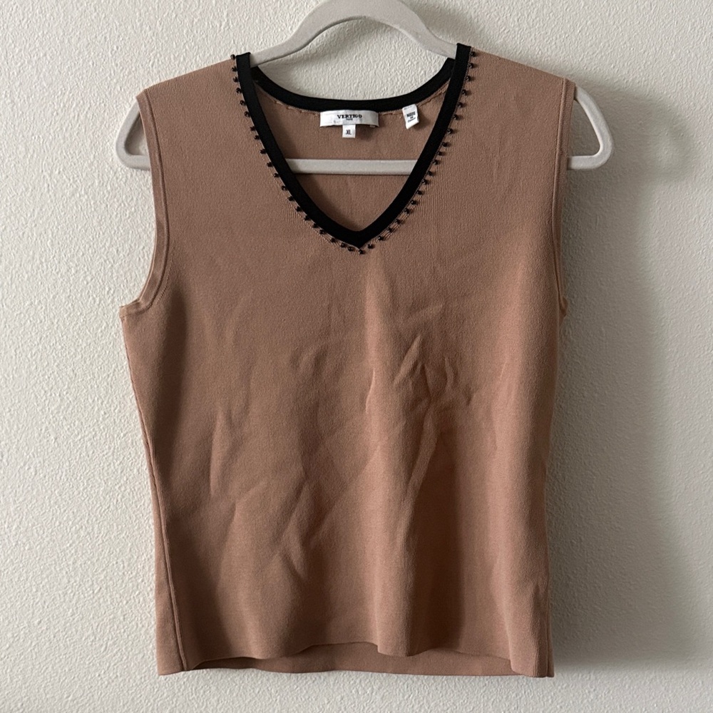 Sleeveless V-Neck Vest in Camel with Black Trim
